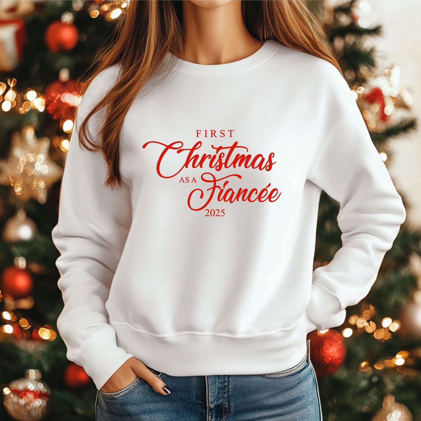 Engagement Christmas sweater for women with First Christmas as a Fiancée lettering