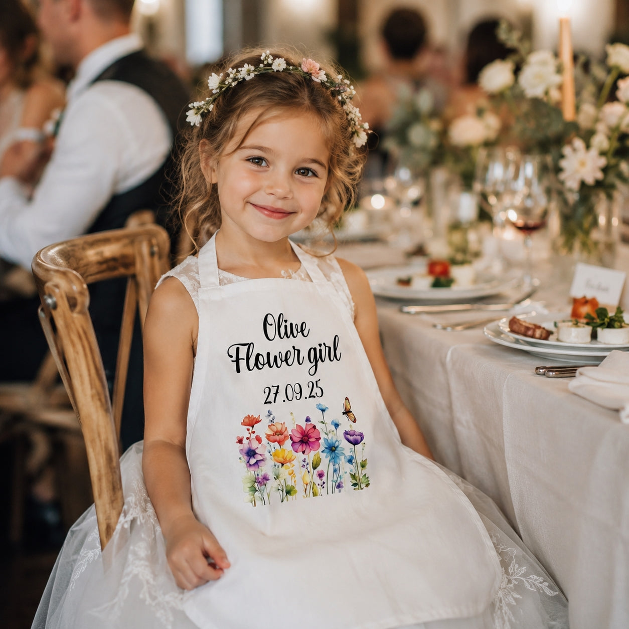 Young girl in a flower girl apron at a wedding reception.