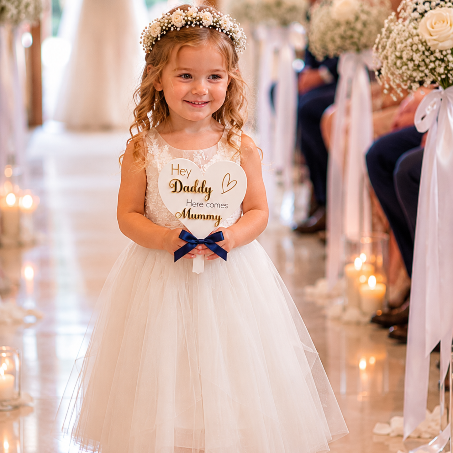 Young girl in a flower girl white dress carrying a white acrylic heart wedding paddle with the text 'Hey Daddy, here comes Mummy' down a wedding aisle.