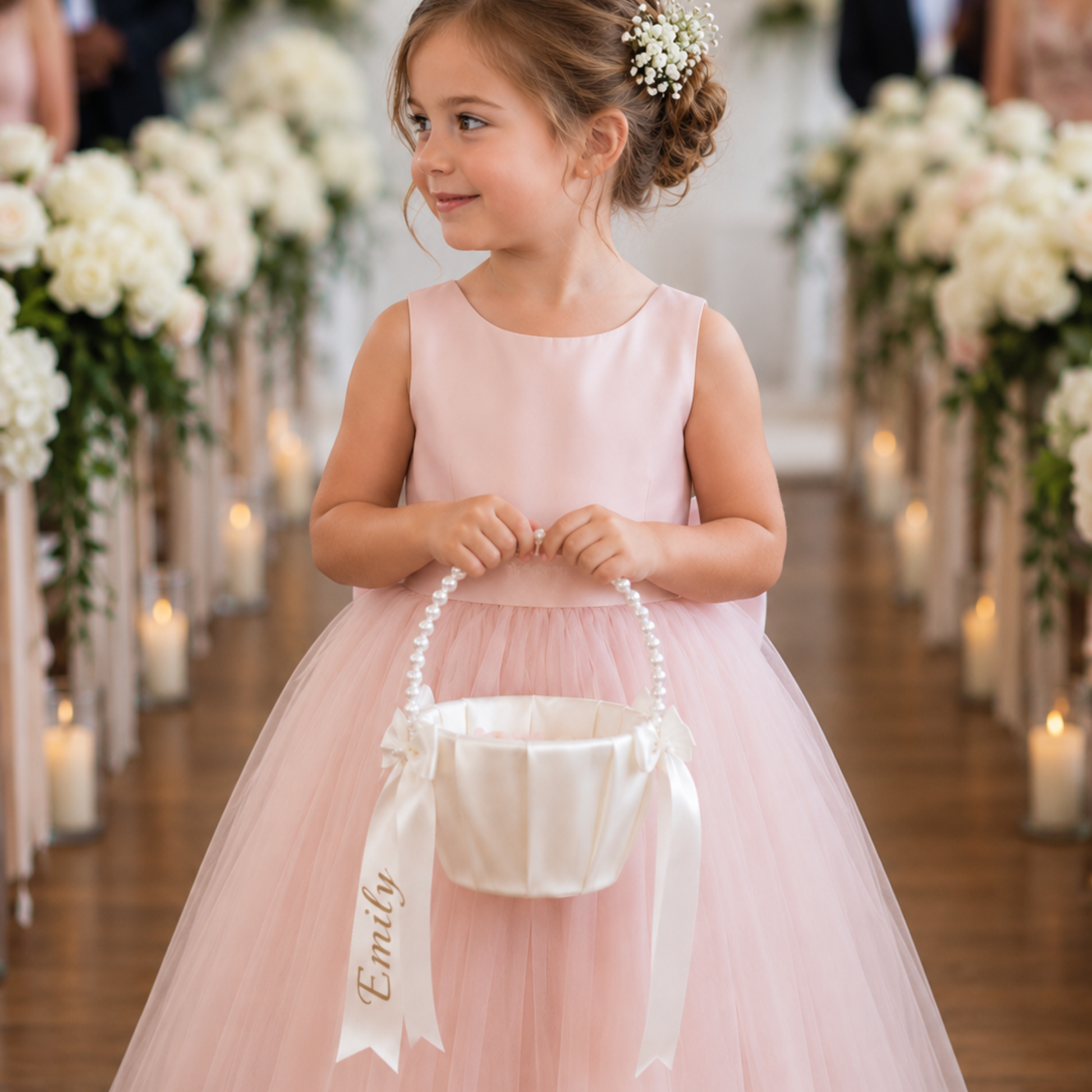 Young girl in a pink dress holding a white basket with 'Emily' on it, standing in a wedding aisle.