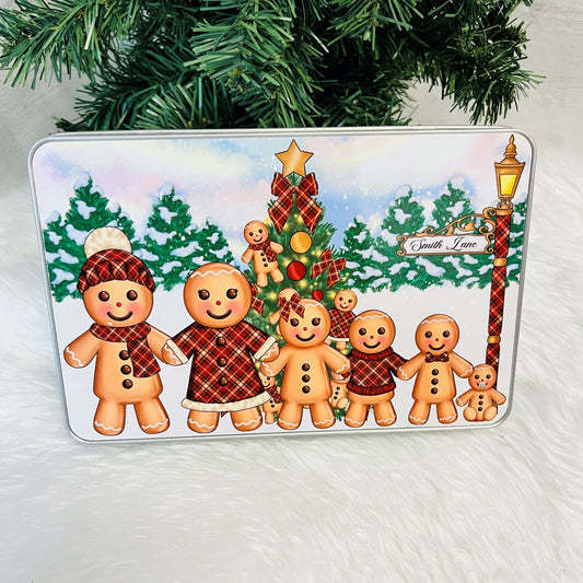 Gingerbread family scene with a Christmas tree on a Metal  Tin