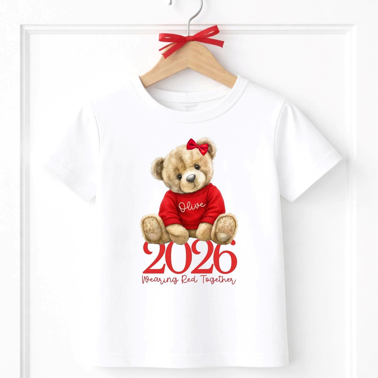 White T-Shirt with a Girl teddy personalised on the front with a red nose day 2026 design