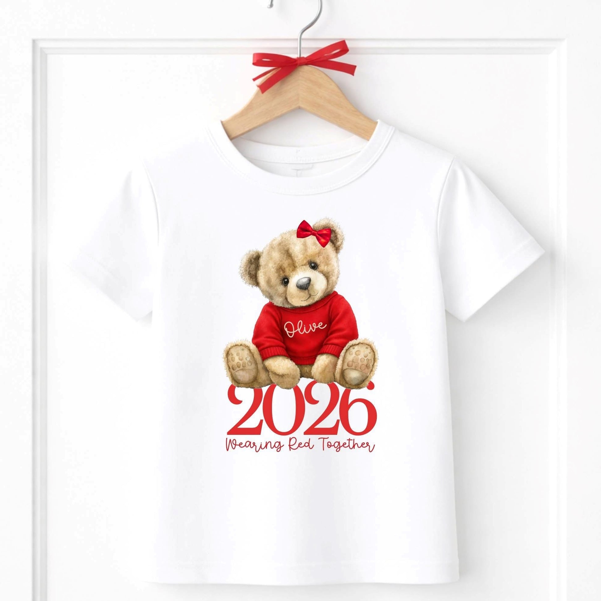 White T-Shirt with a Girl teddy personalised on the front with a red nose day 2026 design