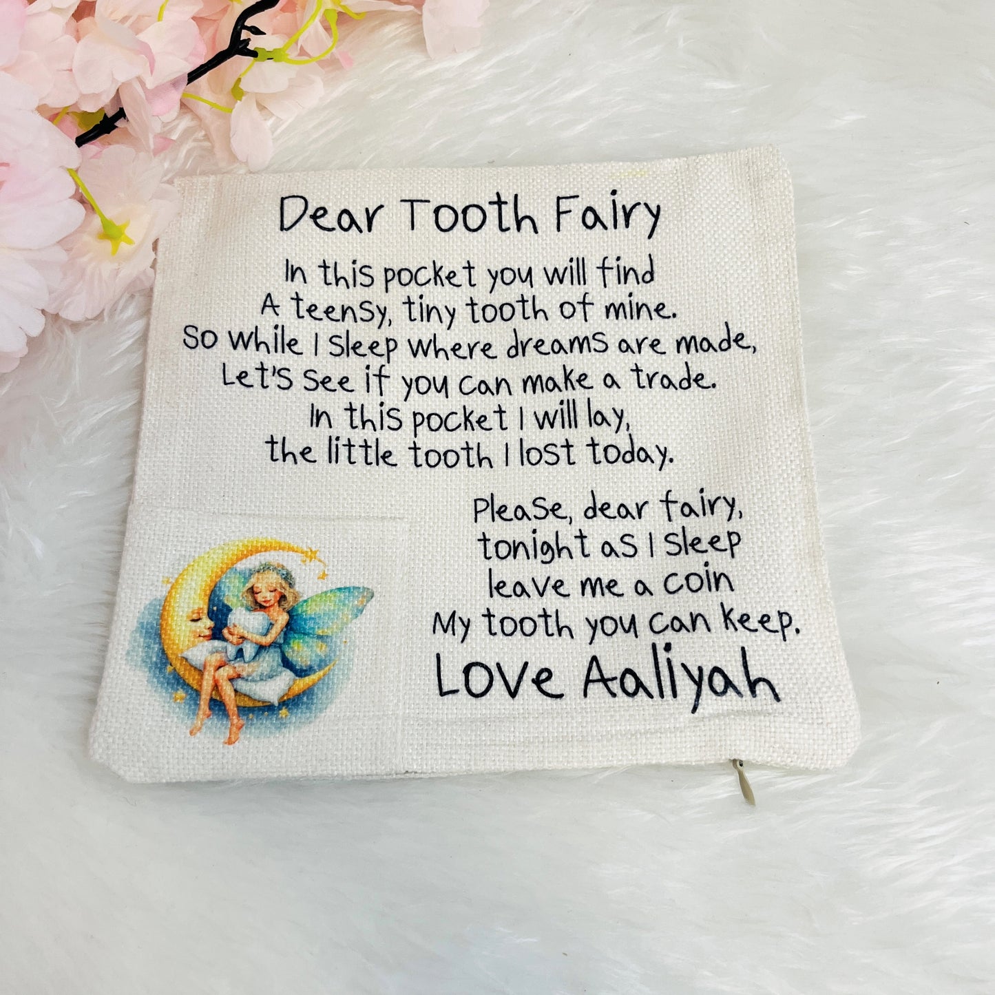 Personalized pouch for the tooth fairy with a fairy design and text on a white background.