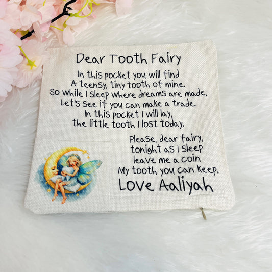 Personalized pouch for the tooth fairy with a fairy design and text on a white background.