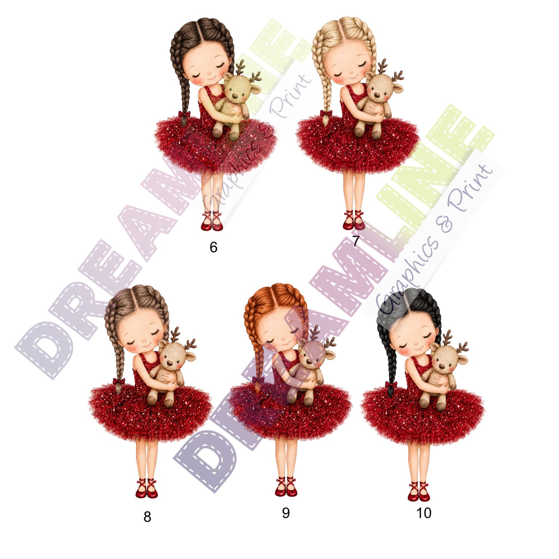 A choice of Tutu Ballerina designs with different hair colours and the logo of Dreamline Graphics across it