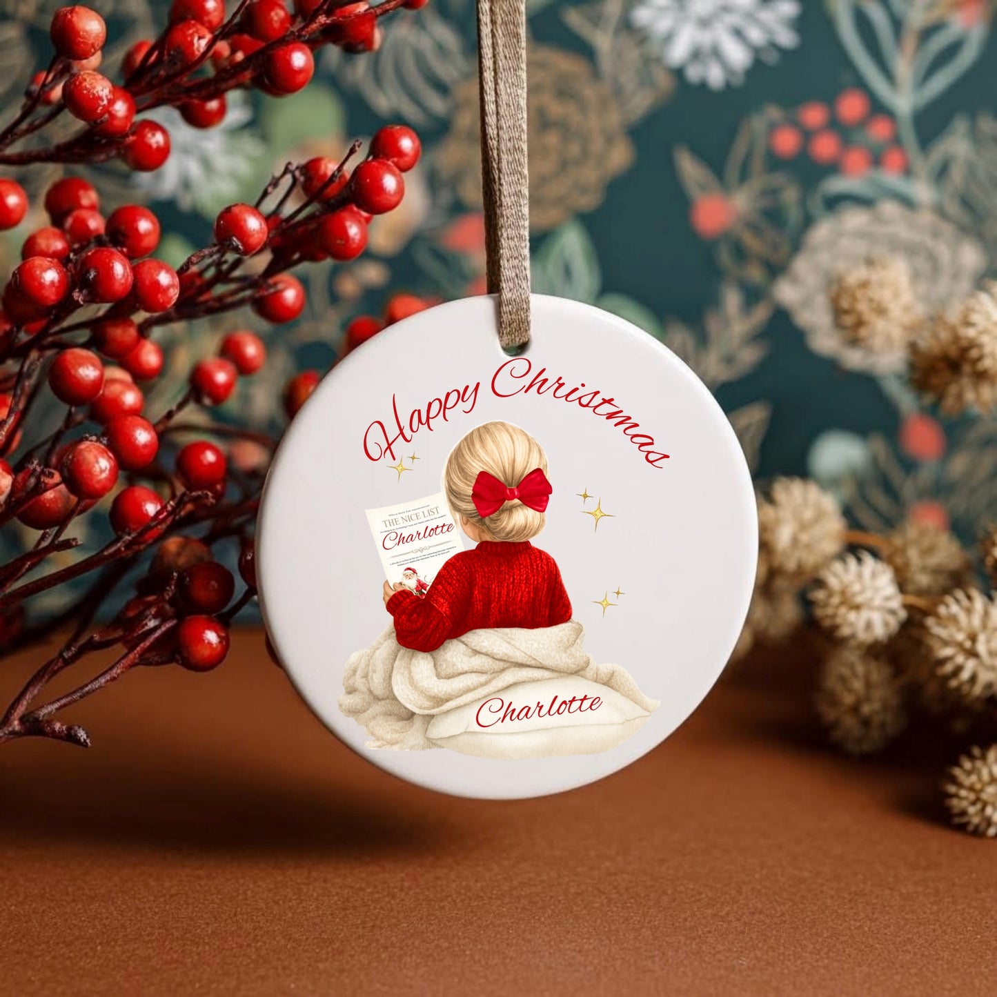 Round Christmas ornament with a child in a red sweater and bow, surrounded by red berries and floral decorations.