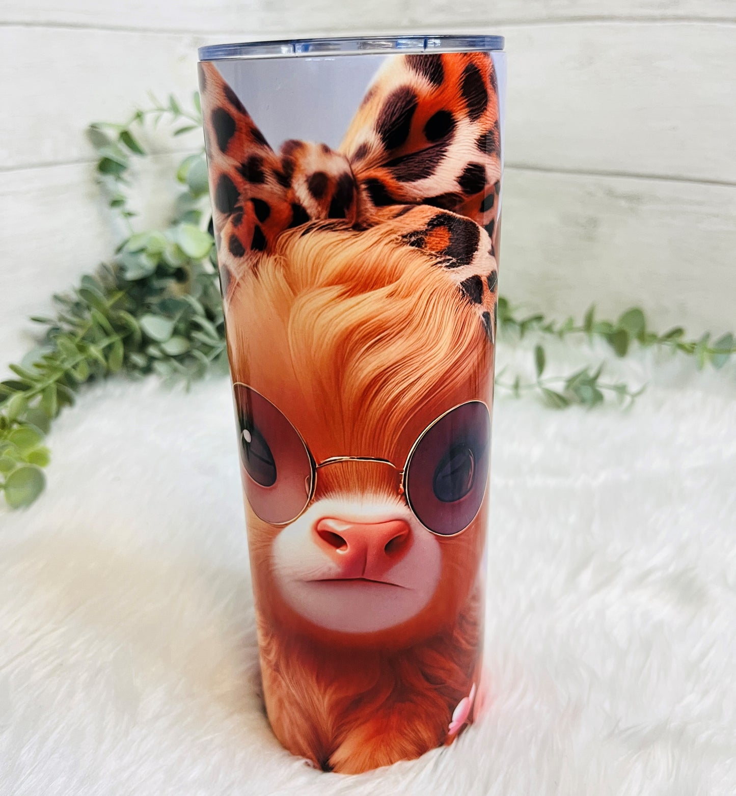 Cute Baby Highland Cow Tumbler with Lid and Straw, Highland Cow with Hair Bow and Glasses