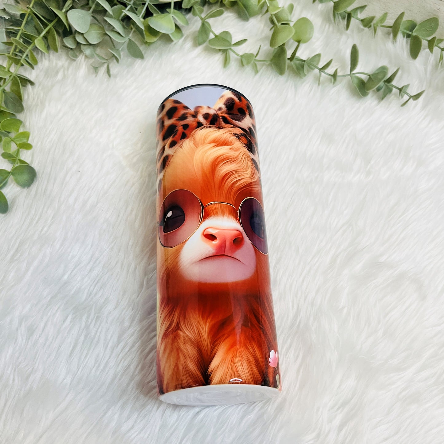 Cute Baby Highland Cow Tumbler with Lid and Straw, Highland Cow with Hair Bow and Glasses