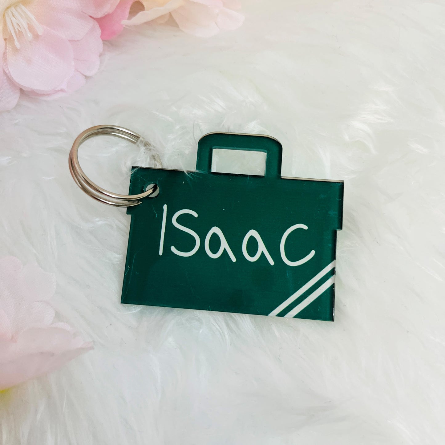 Back to school personalised book bag keyring in glossy finish
