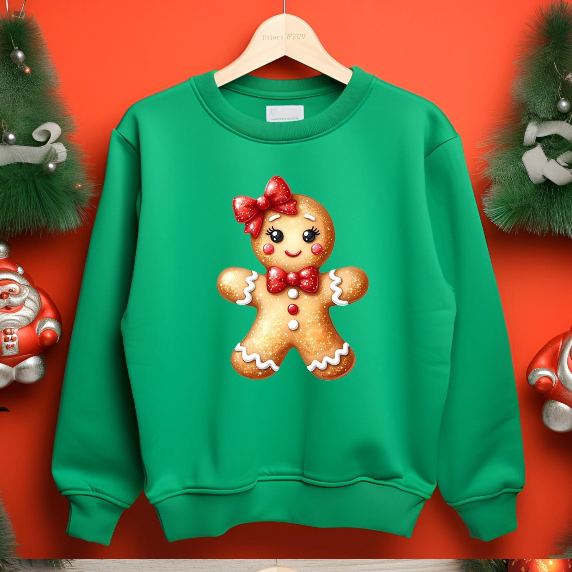Green sweatshirt with a gingerbread girl design on a hanger against a red background.