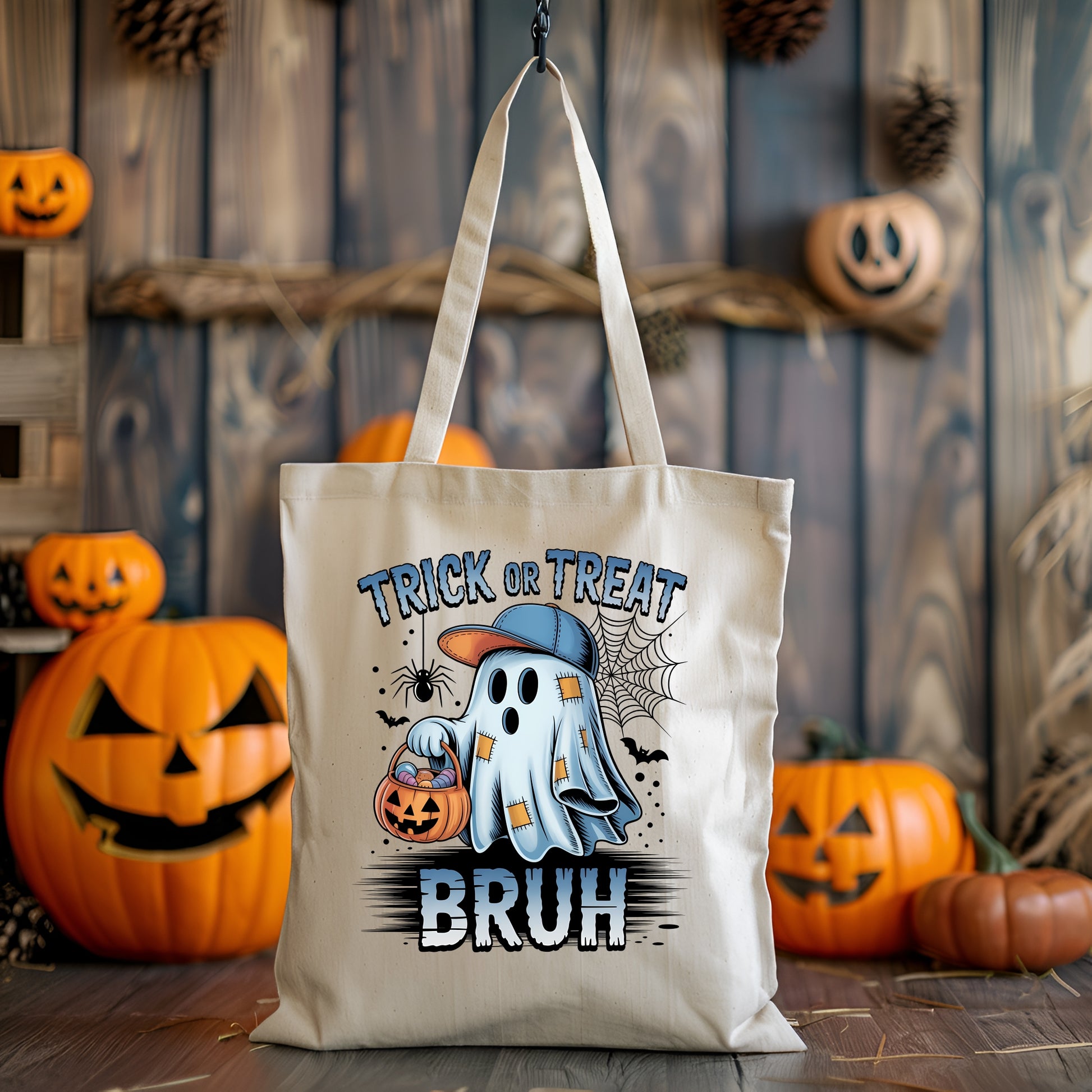 Natural Tote Bag with long handles and a trick or treat ghost design on the front