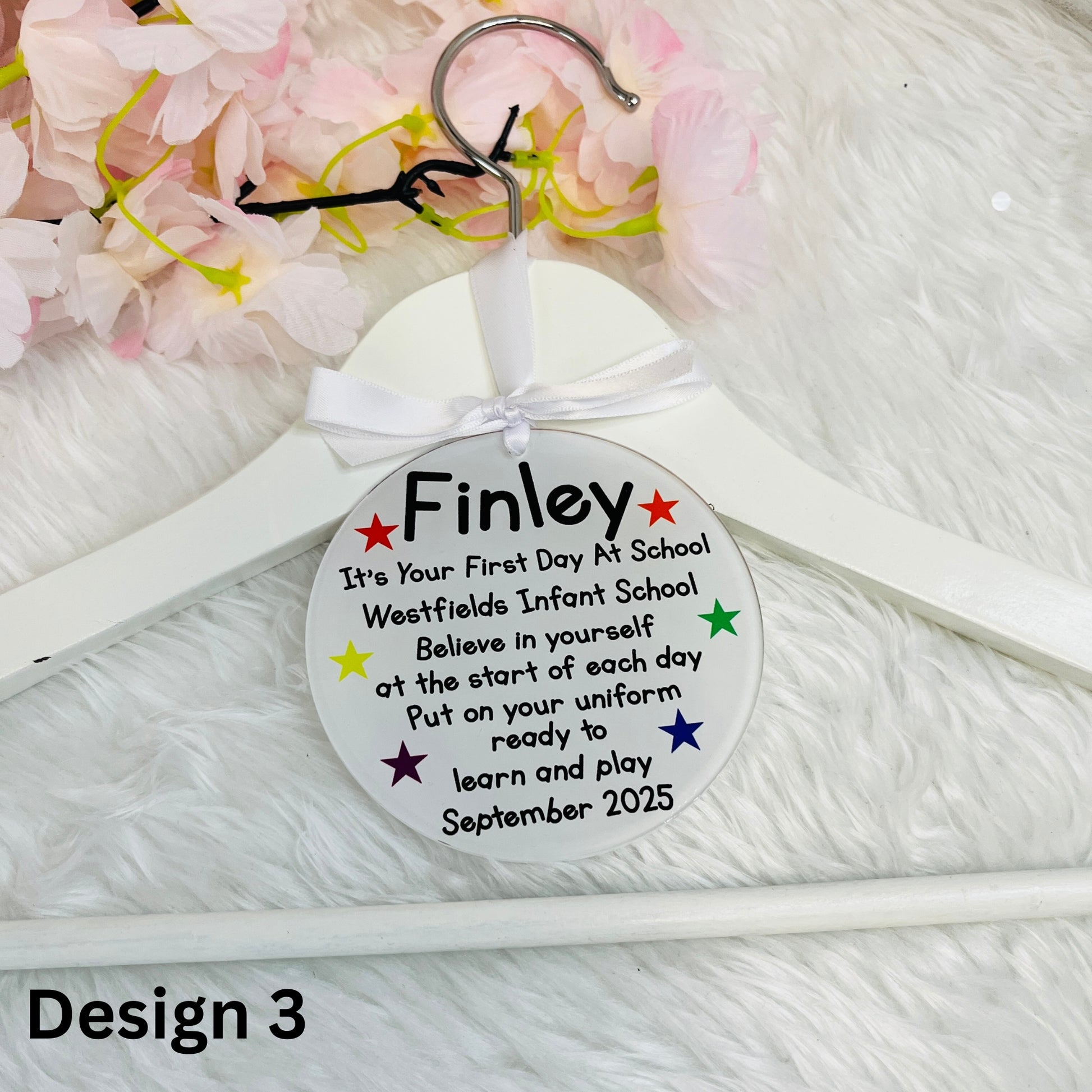 Round Hanger Tag with first day of school poem on a white wooden hanger