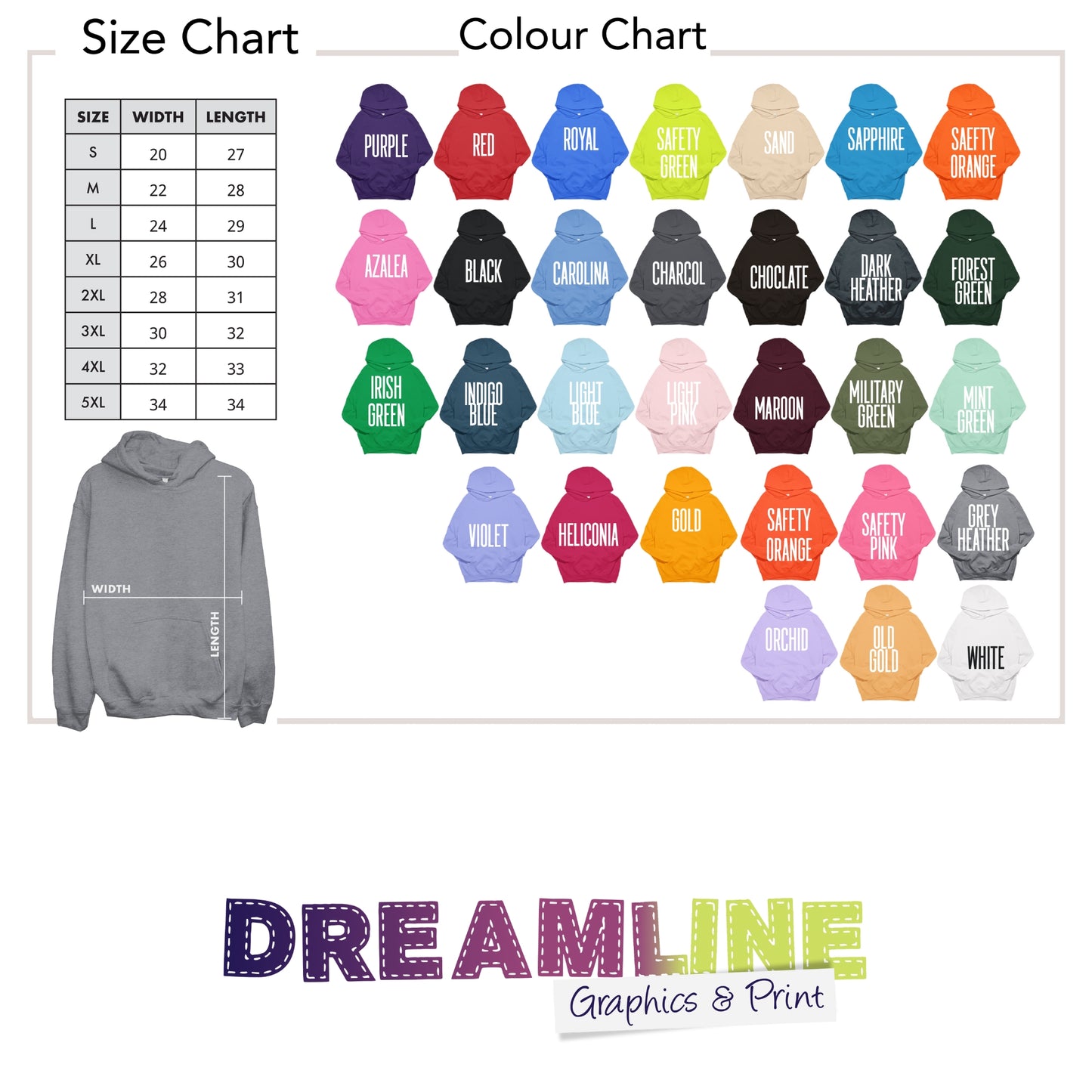 Color chart and size chart for hoodies with 'Dreamline Graphics & Print' branding.