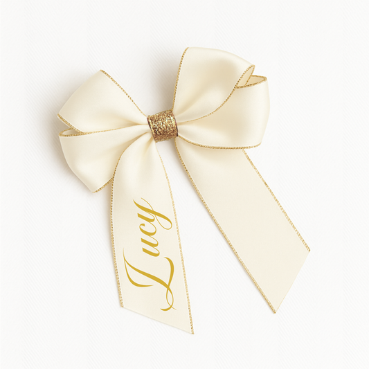 Ivory satin hair bow with gold edging and centre, personalised with gold vinyl lettering.