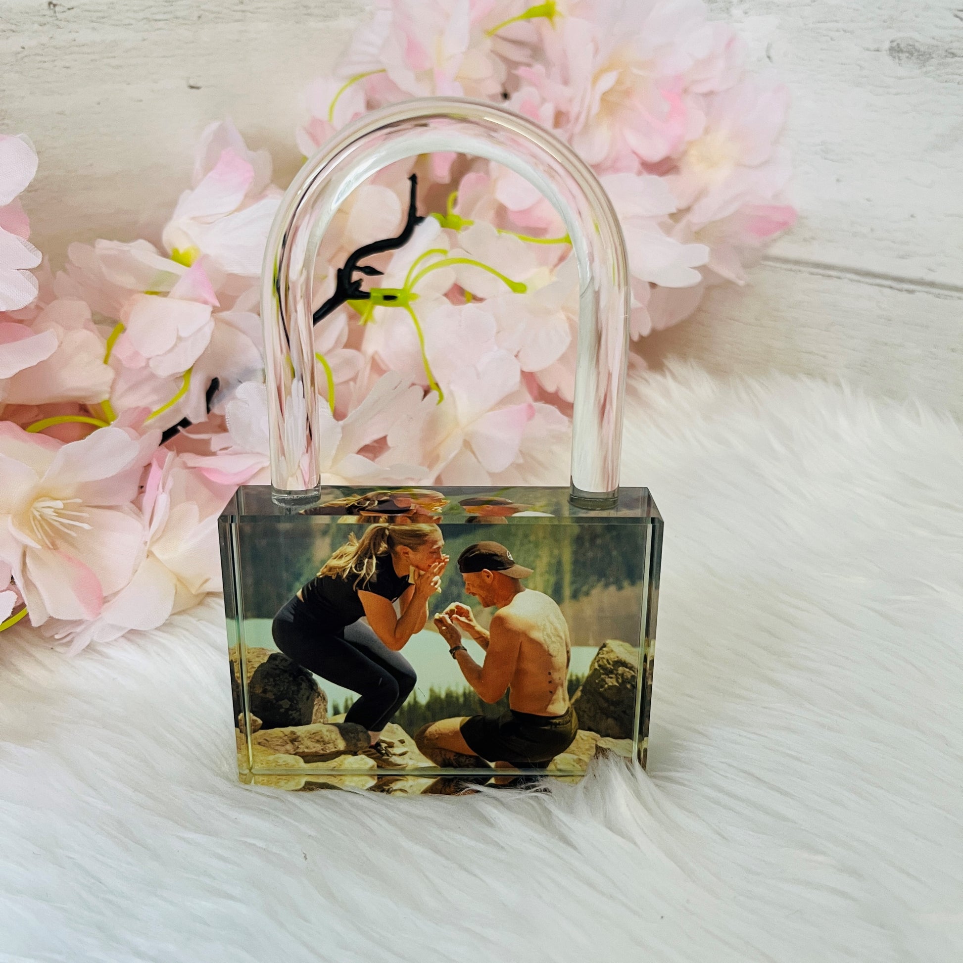 Personalised crystal love lock sublimated with a custom photo, perfect as an anniversary, wedding or Valentine's Day keepsake gift.