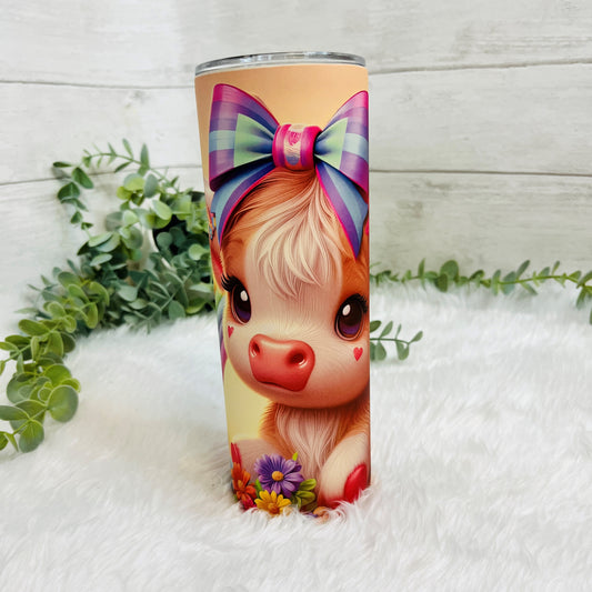 Cute Baby Highland Cow Matte Tumbler with Lid and Straw, Highland Cow with Hair Bow and Flowers