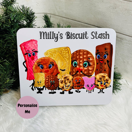 White Metal Biscuit Tin with cartoon biscuit figures with the text 'Milly's biscuit stash' 