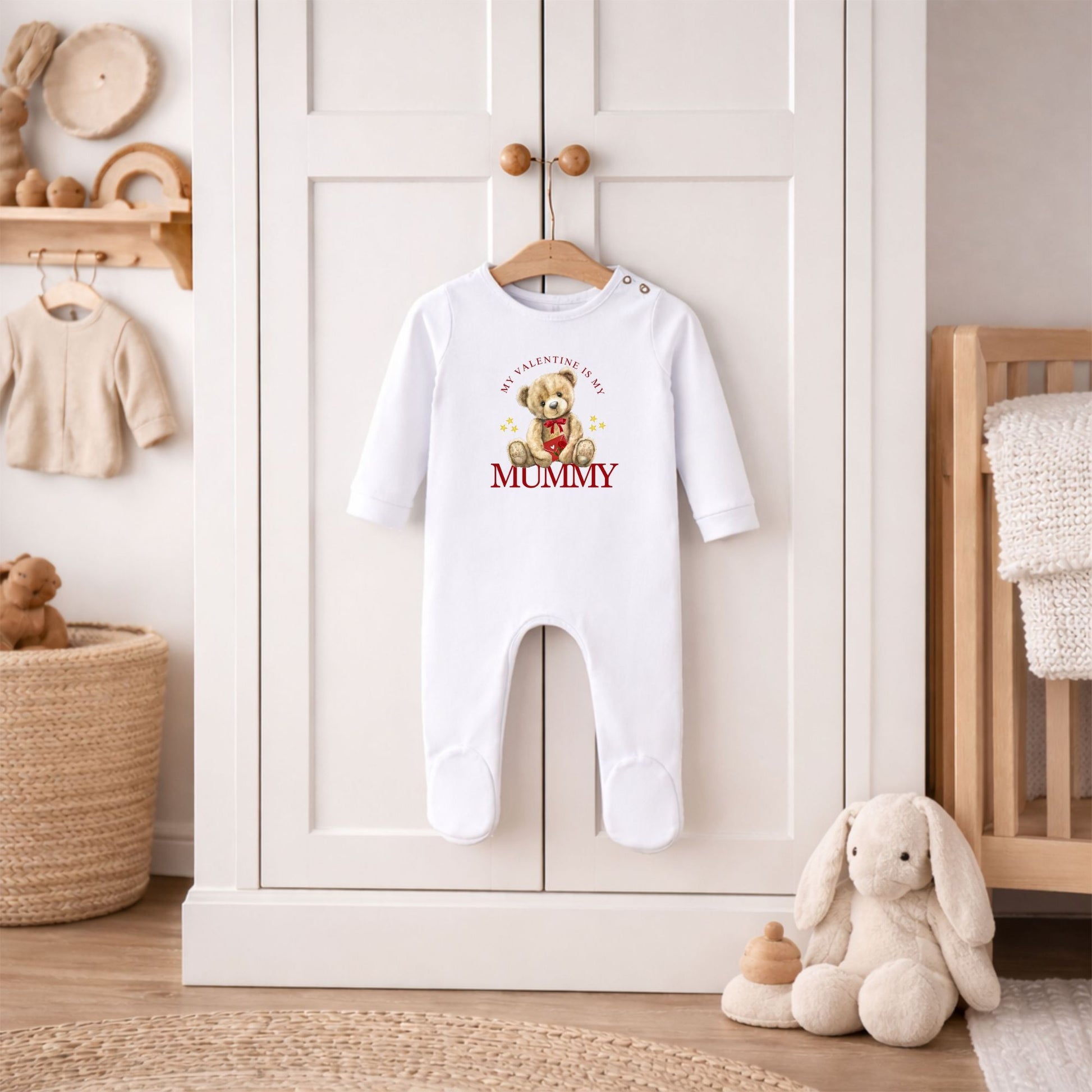 Baby Valentine sleepsuit with “My Valentine is Mummy” text in soft cotton