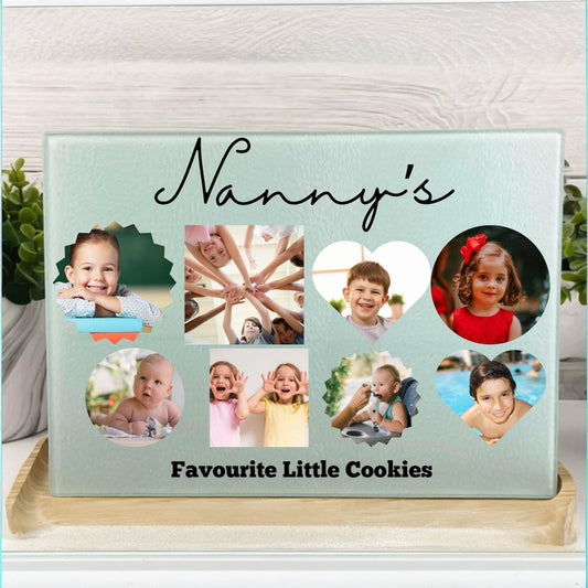 A glass chopping board personalised with photos and the text 'Nanny's facourite little cookies'
