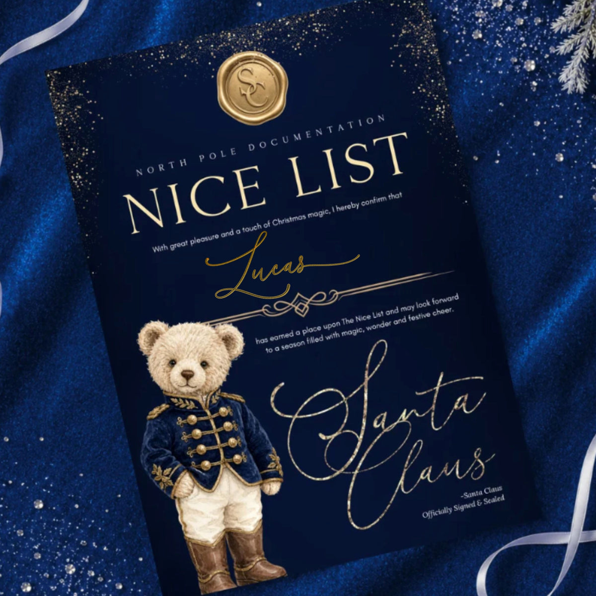 A Navy and Gold North Pole Nice List personalised with the name Lucas in a brushed gold vinyl against a navy sparkly background
