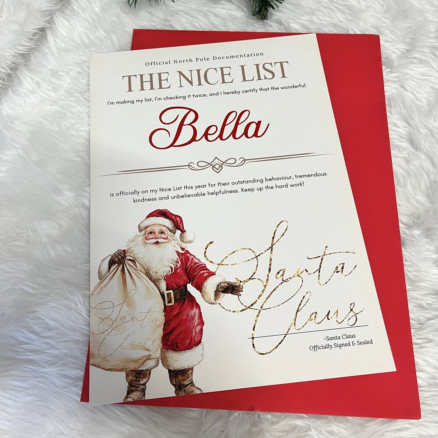 Letter from Santa Claus on a white and red background with 'The Nice List' text.