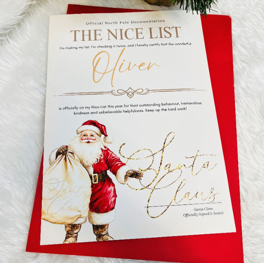Personalised Santa's Nice List Certificate with matching envelope