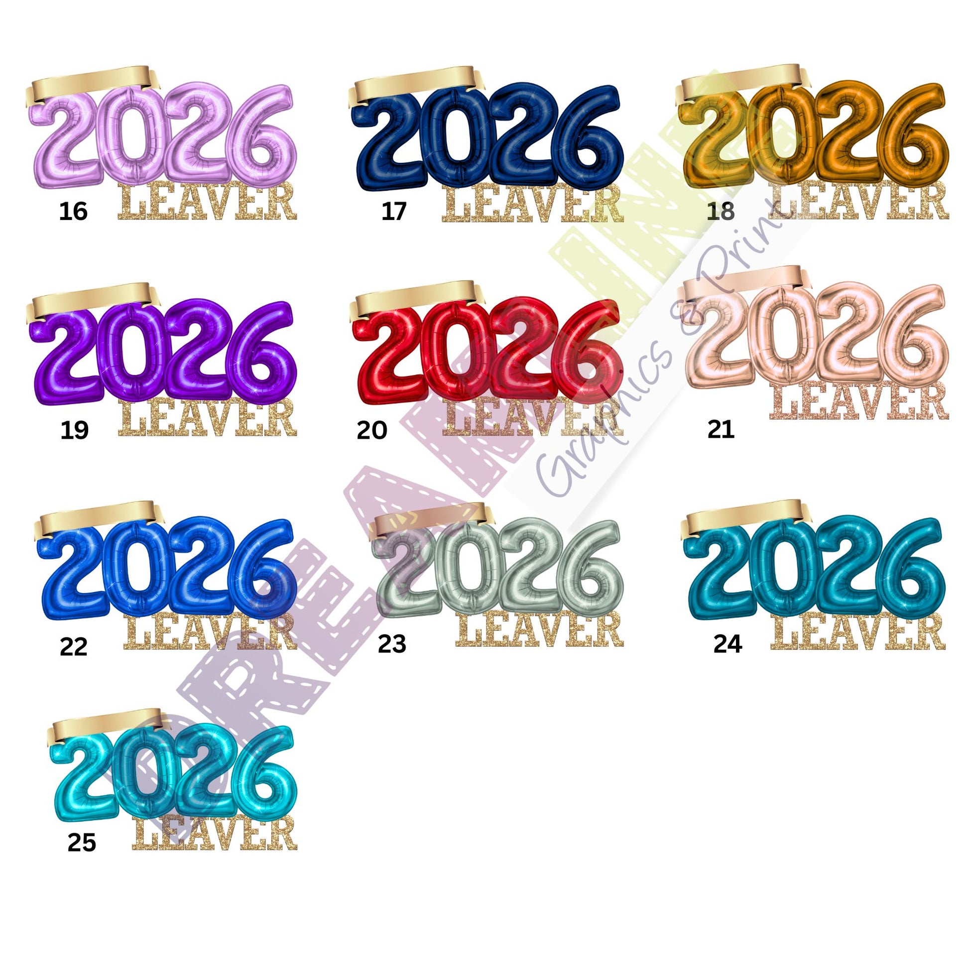Colorful '2026 Leaver' balloons arranged in a grid on a white background.