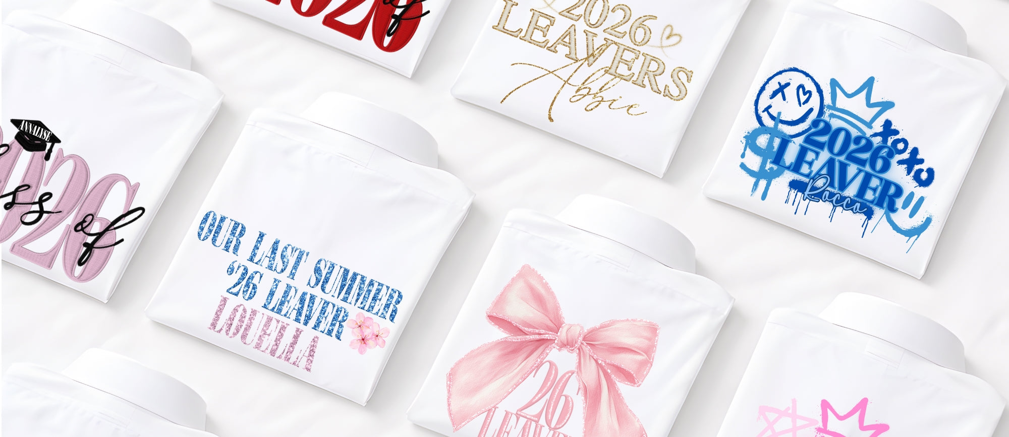 Collection of white shirts with various designs and text, including 'Class of 2026 Leavers', 'Our Last Summer 2026 Leaver', and decorative elements.