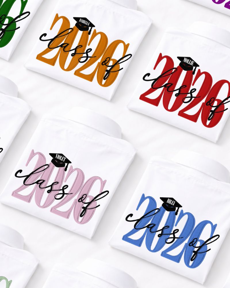 White Shirts with 'class of 2026' text in various colors on a white background.