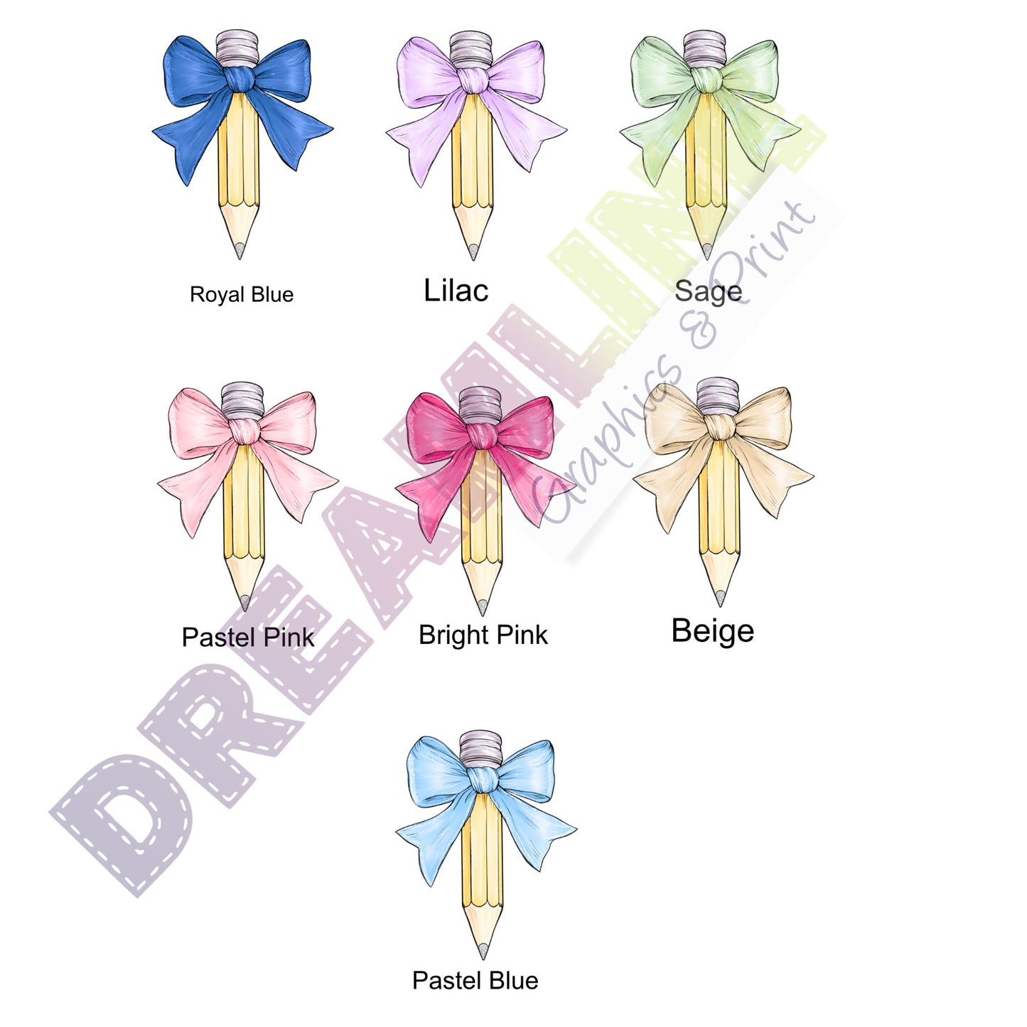 Color swatches of pencils with bows in various colors on a white background.