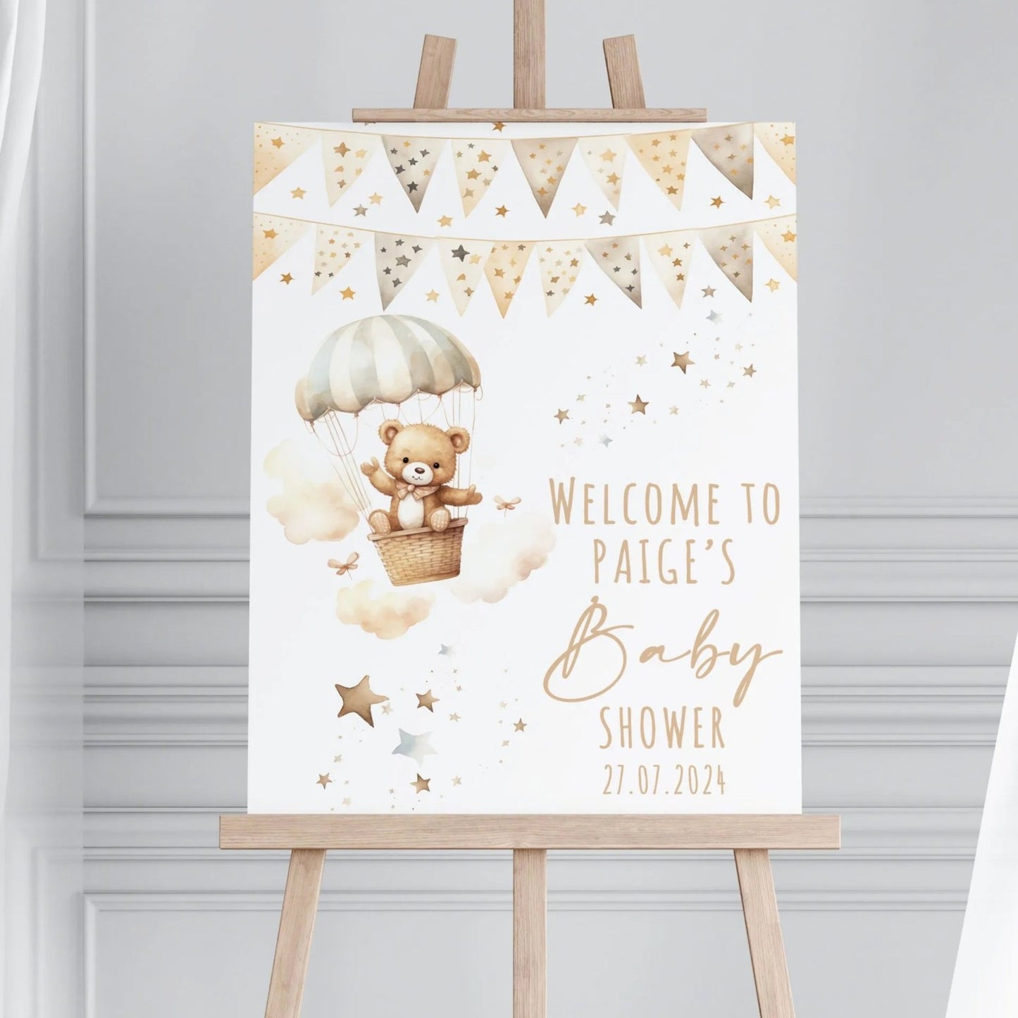 Baby shower A2 printed board with teddy bear in a hot air balloon on a wooden easel 