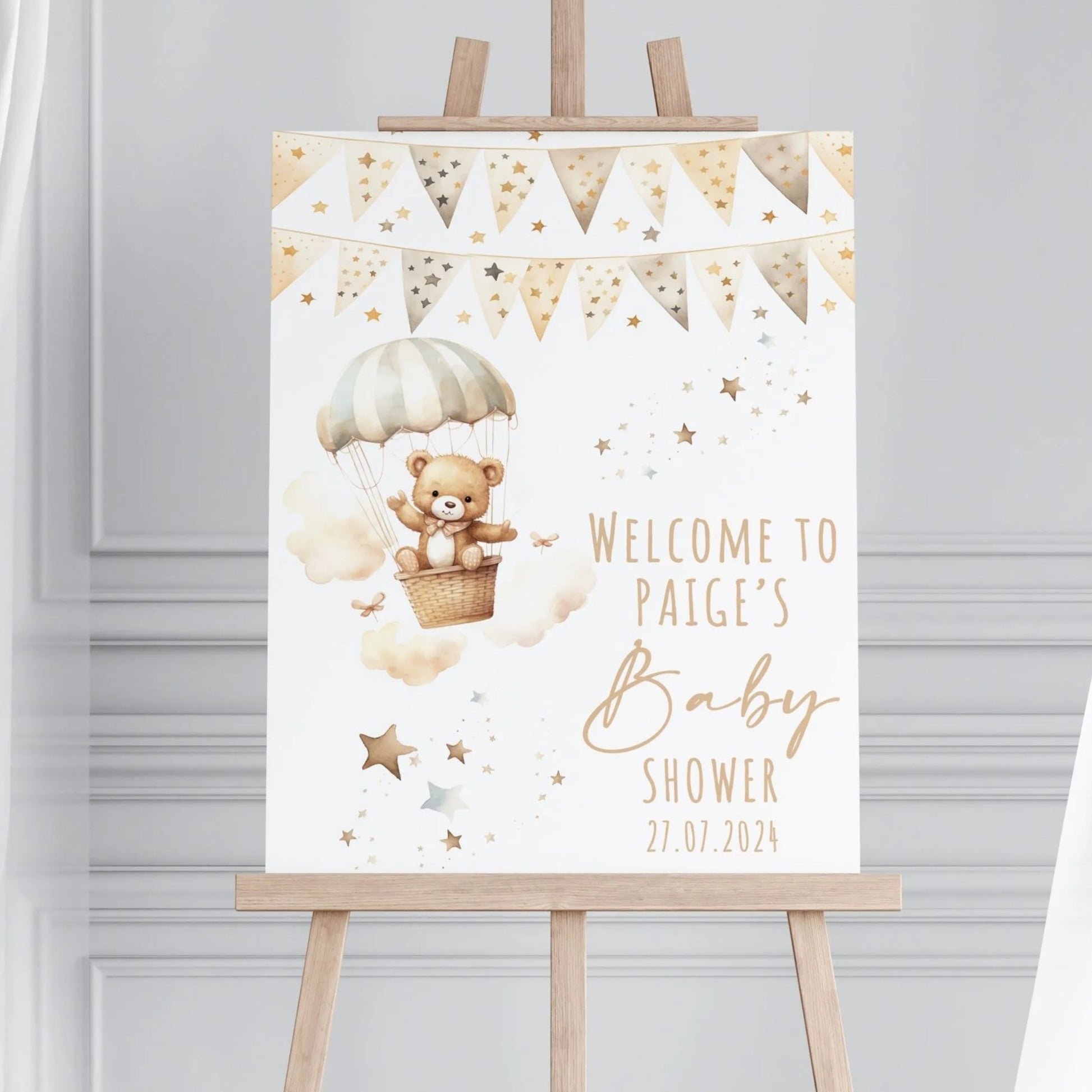 Baby shower A2 printed board with teddy bear in a hot air balloon on a wooden easel 