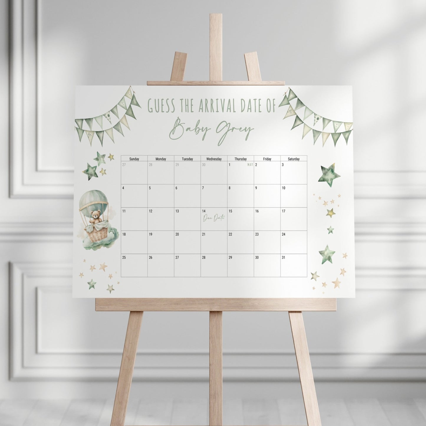 Personalised Baby Shower A2 Board standing on a wooden easel