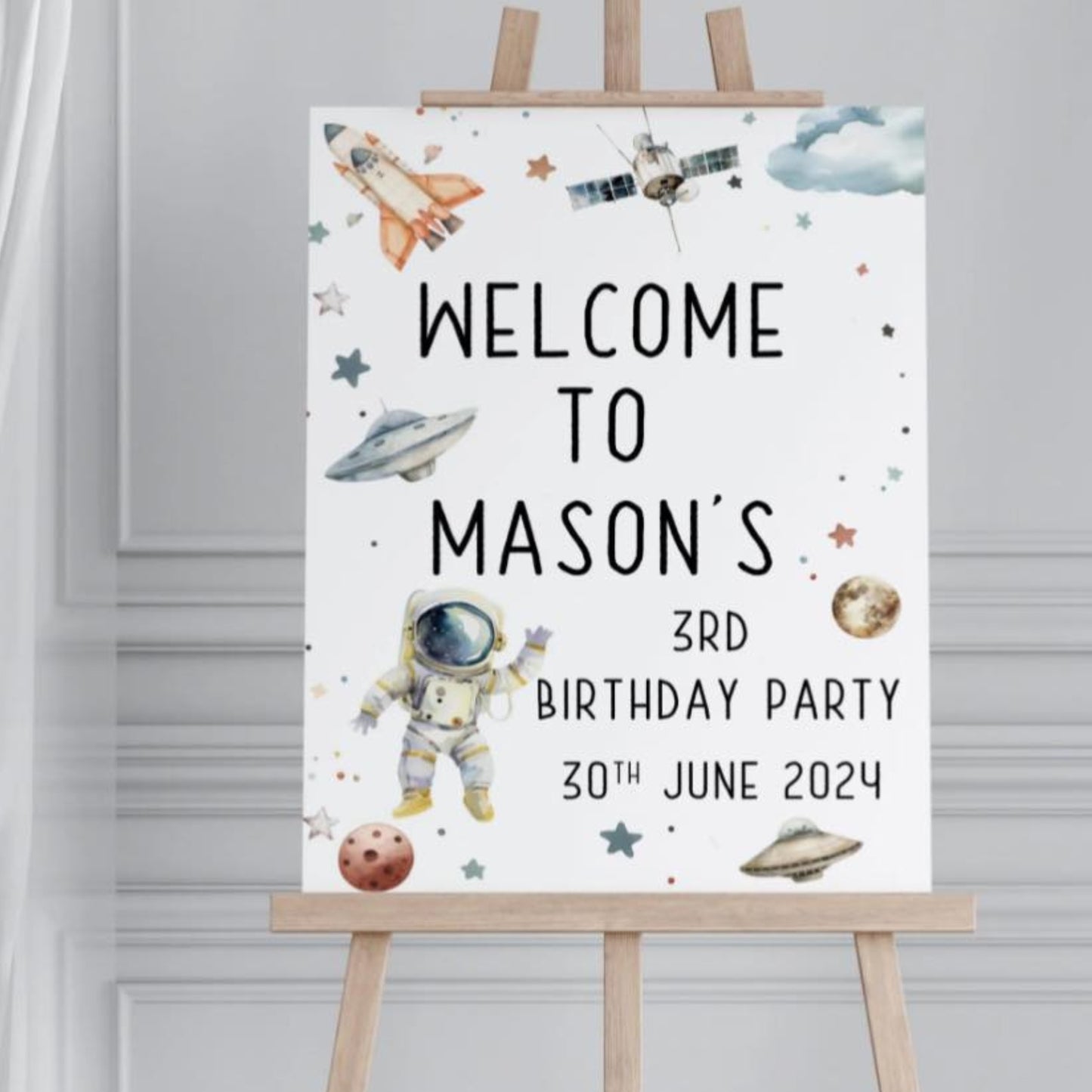Party sign for Mason's 3rd birthday with space-themed illustrations on a white background.