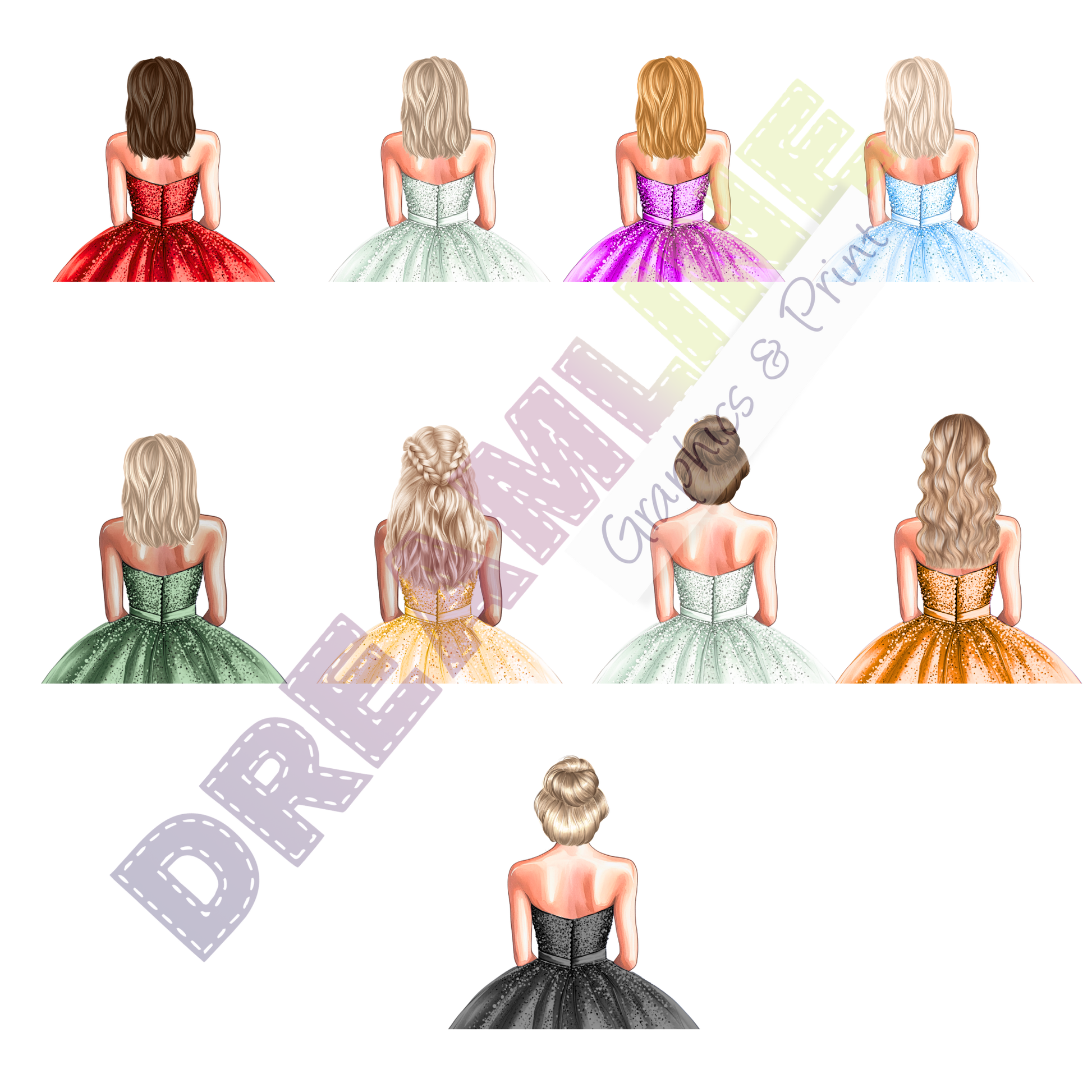 Illustrations of women in various dresses and hairstyles.