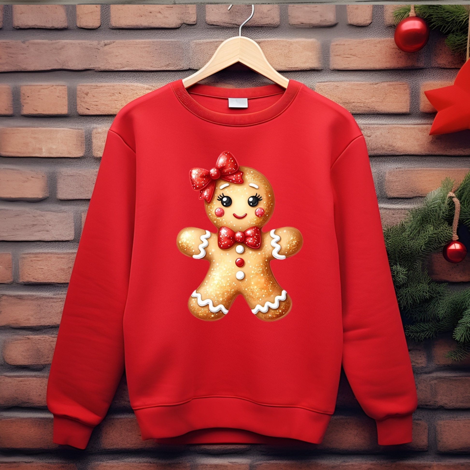 red jumper with christmas gingerbread festive design