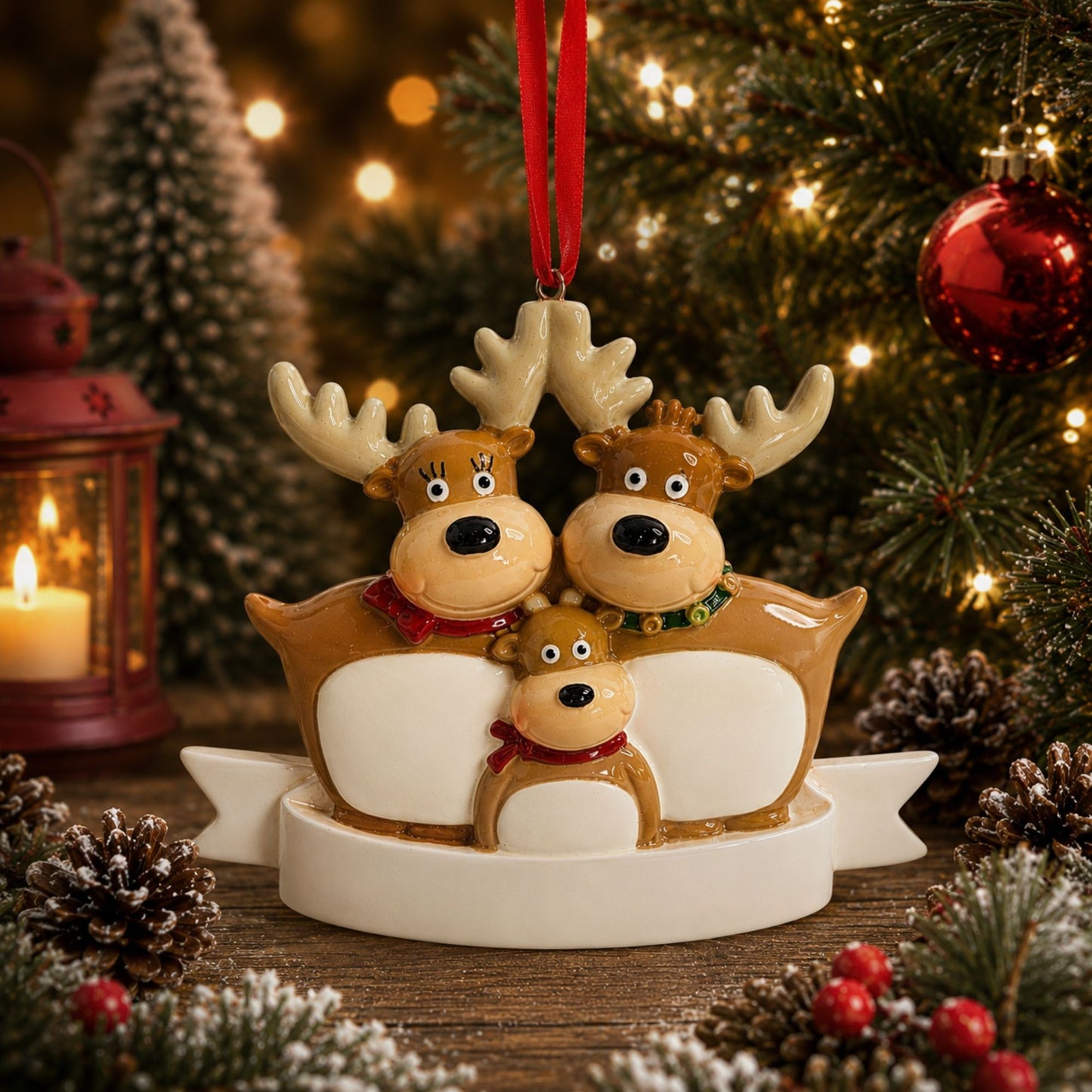 A ceramic reindeer bauble with a mum and dad reindeer and  one child reindeerthat can be personalised with a red hanging ribbon against a christmas setting