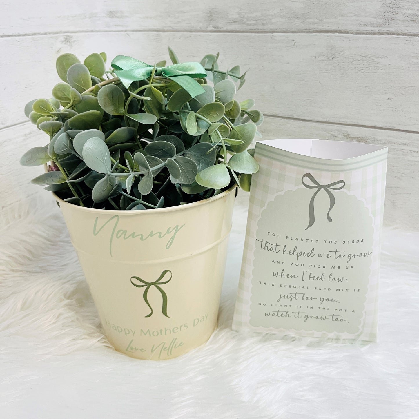 Potted plant with a personalised pot and a matching seed packet on a white surface