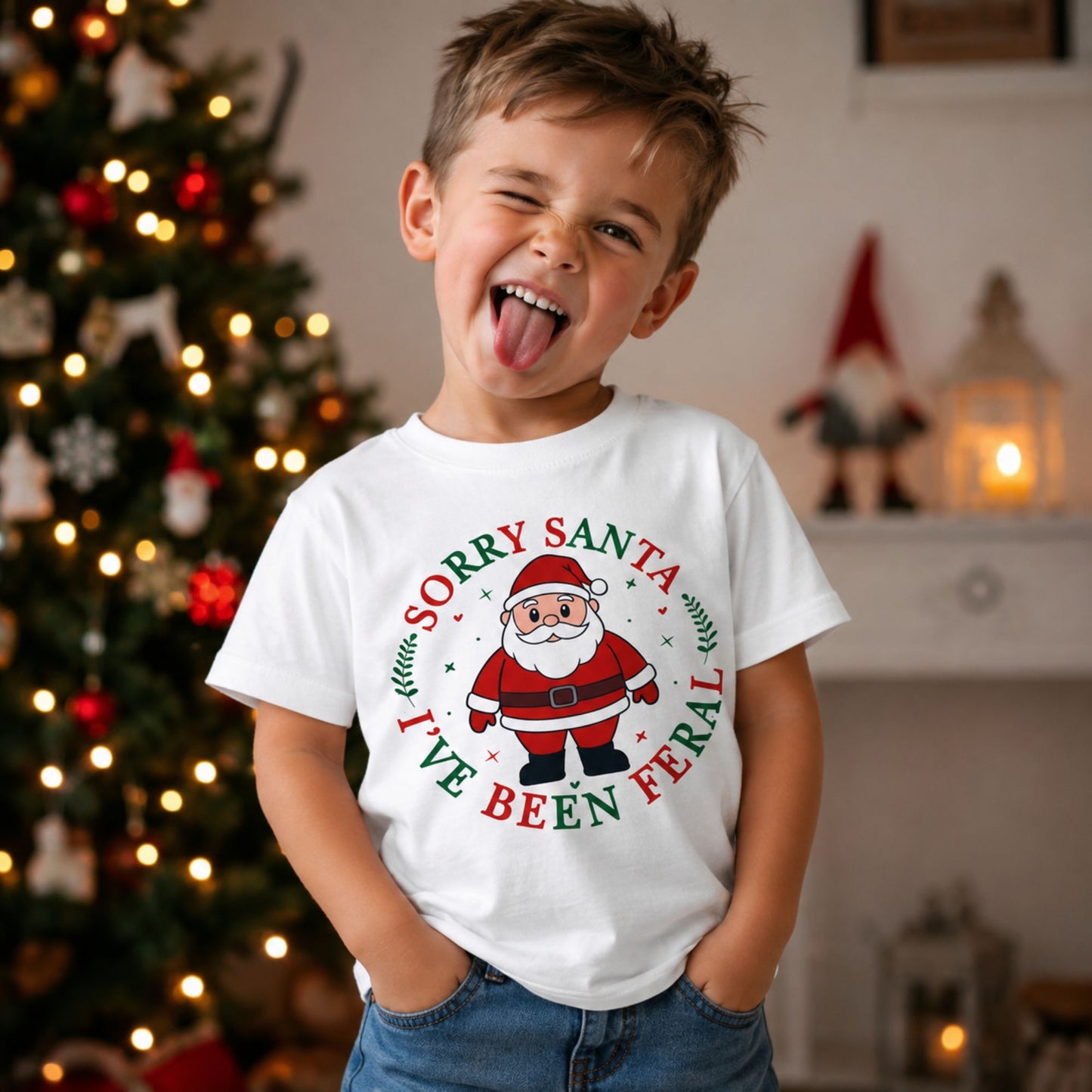 A young boy with his tongue sticking out wears a white graphic t-shirt featuring a cartoon Santa Claus and the text 'SORRY SANTA I'VE BEEN FERAL'. The background shows a decorated Christmas tree and a cozy indoor holiday setting.