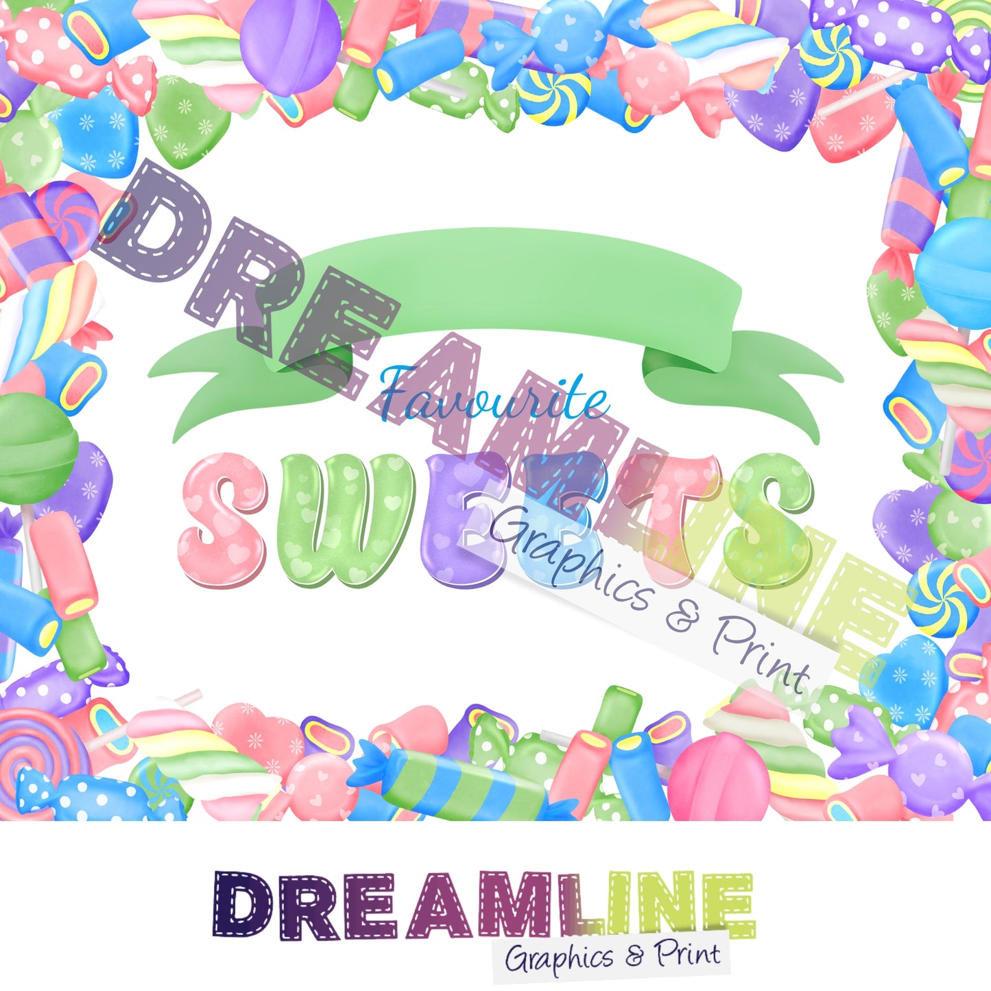 Colorful candy-themed border with 'Dreamline Graphics & Print' text
