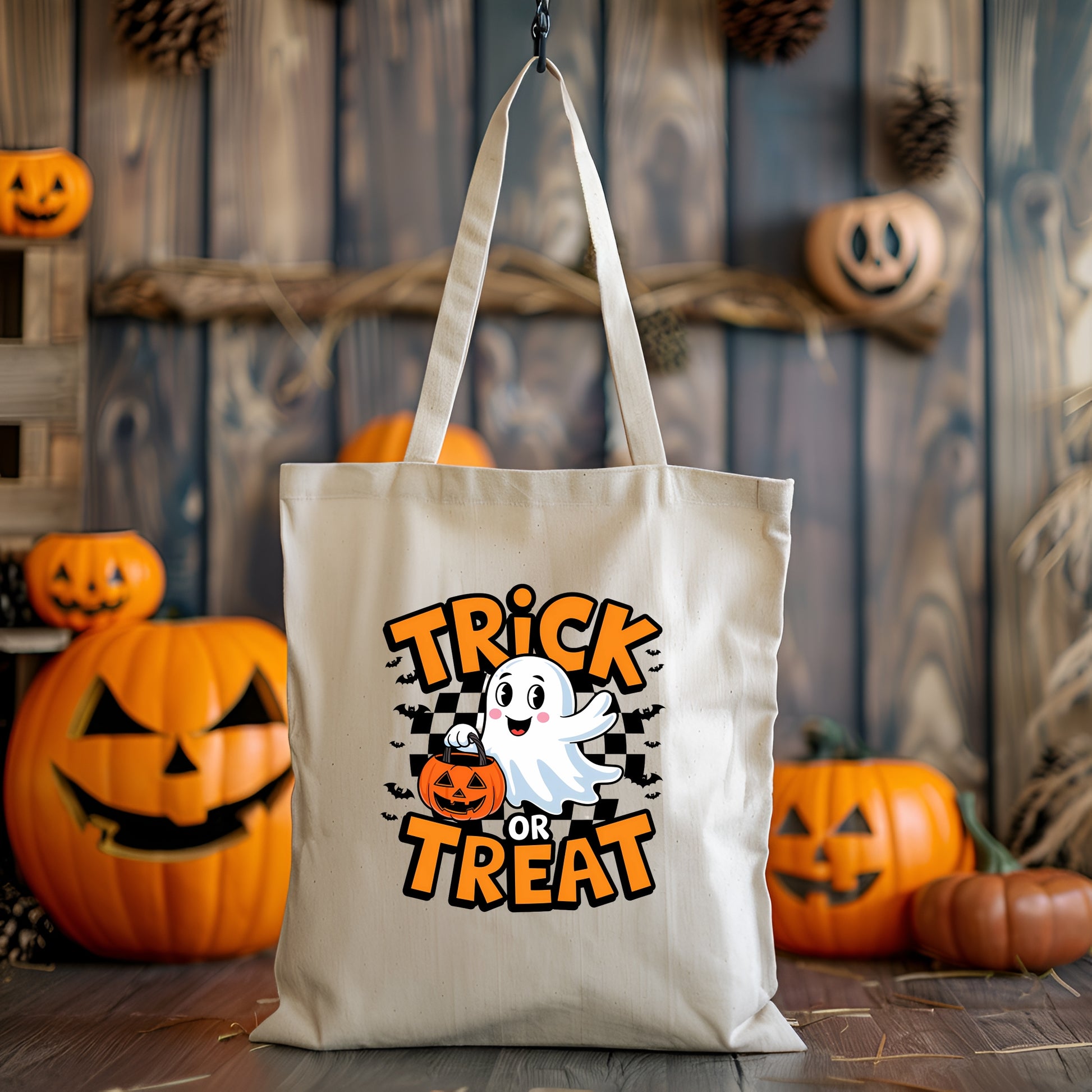 Beige tote bag with 'Trick or Treat' design featuring a ghost and pumpkin in front of Halloween-themed background.