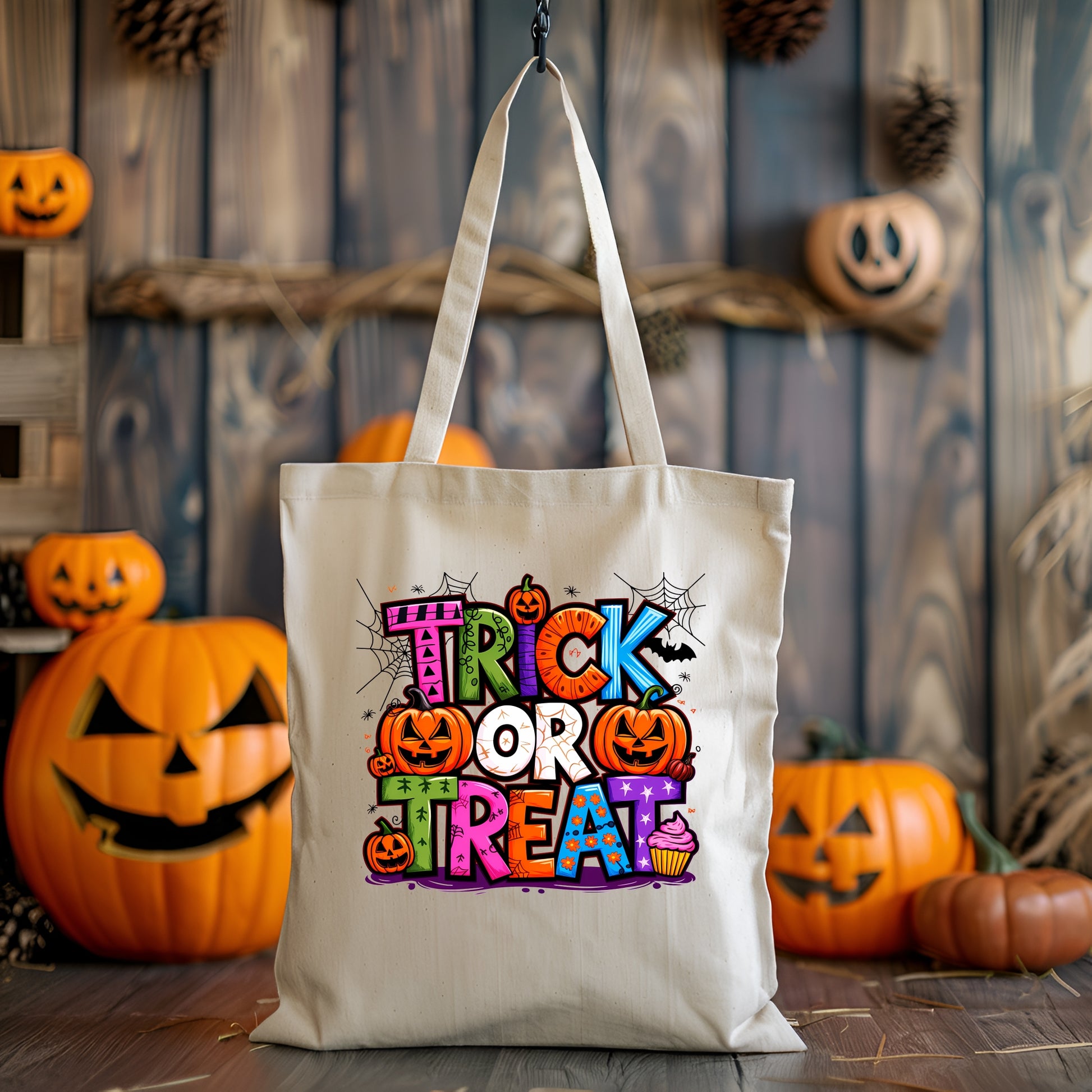 Beige tote bag with 'Trick or Treat' text in colorful letters, surrounded by pumpkins and Halloween decorations.