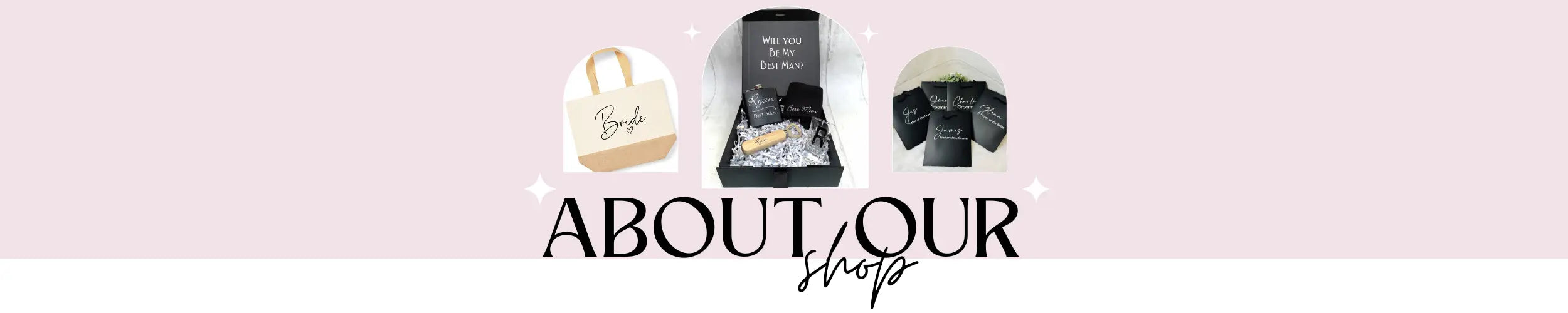 Promotional banner for 'About Our Shop' on a light pink background