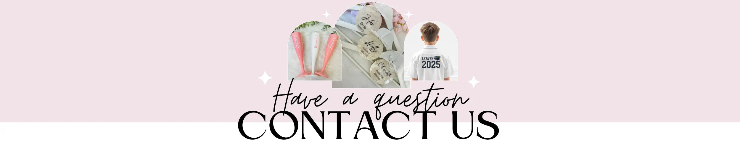 Contact us banner with text and images on a pink background