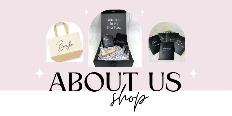Promotional banner for 'About Us Shop' with gift boxes and bags on a pink background.