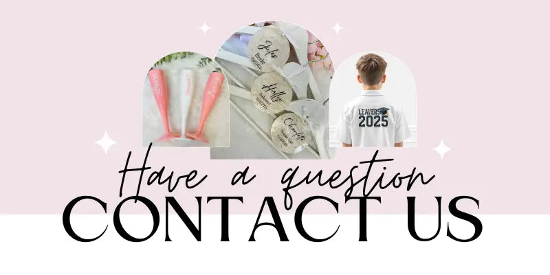 Promotional banner with text 'Have a question? Contact us' on a pink background with images of products.