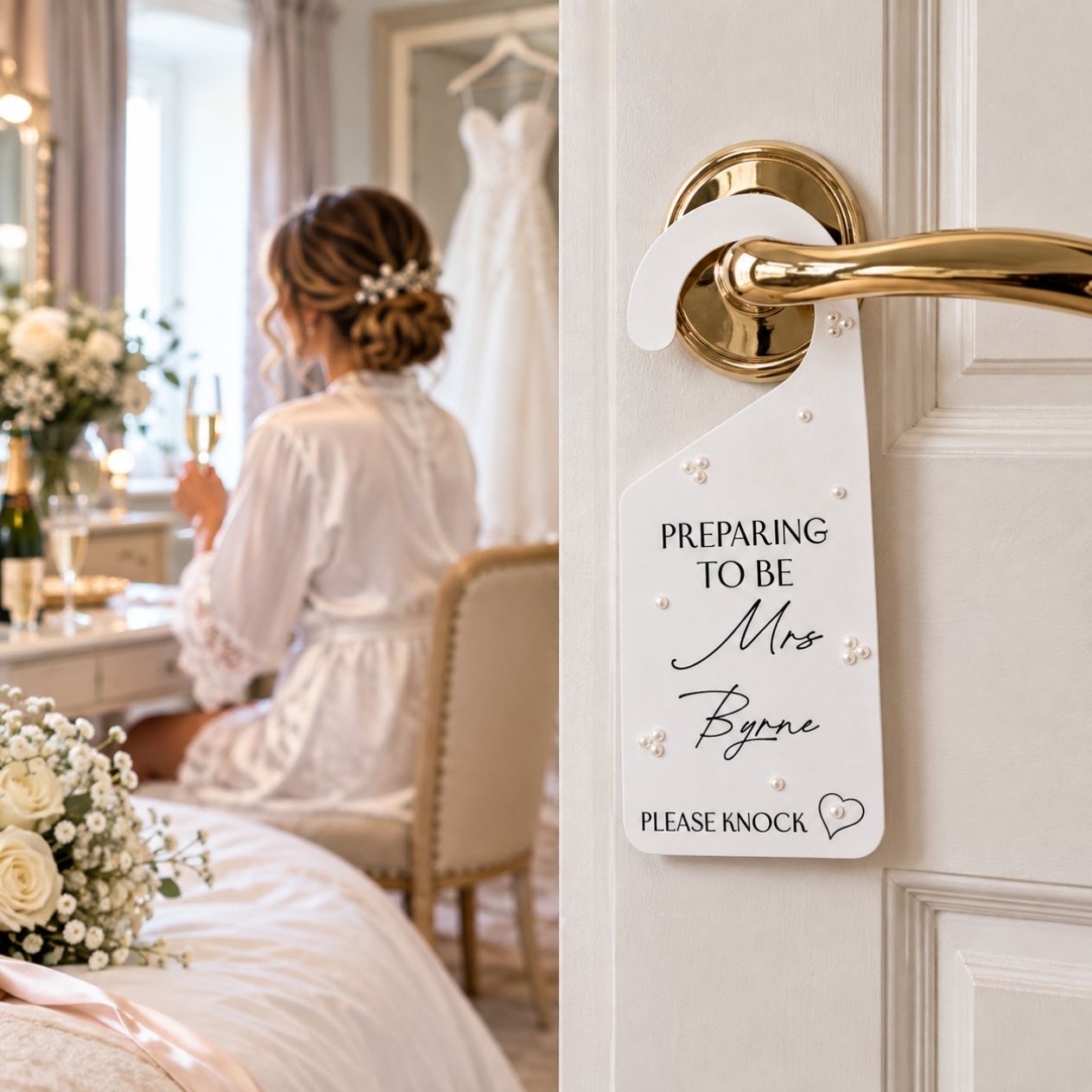 A white bridal shower hanger with black text reading 'PREPARING TO BE Mrs. Byrne PLEASE KNOCK' and small pearl details, hanging from a gold doorknob on a white door.