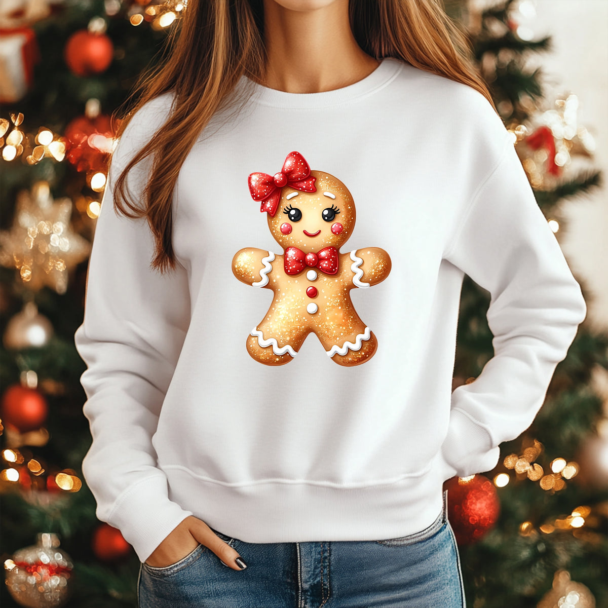 A woman wearing a white crewneck sweatshirt with a large, festive graphic of a smiling gingerbread man on the front. The gingerbread man is decorated with a red bow, red bow tie, and white icing details, set against a blurred Christmas tree background.