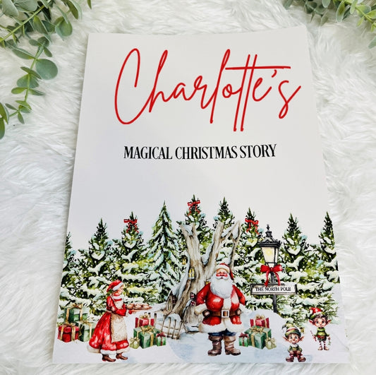 A personalised Christmas Eve story book with an illustration of Santa Claus, reindeer, and a Christmas tree, with the title 'Charlottes' Magic Christmas Story'.